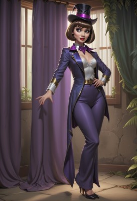 1girl,solo,breasts,looking at viewer,smile,short hair,bangs,brown hair,shirt,black hair,long sleeves,hat,bow,cleavage,jewelry,medium breasts,standing,jacket,full body,white shirt,earrings,parted lips,open clothes,belt,pants,artist name,indoors,blunt bangs,bowtie,nail polish,black footwear,black eyes,high heels,open jacket,lips,coat,hand on hip,window,black headwear,makeup,watermark,bob cut,plant,lipstick,curtains,blue jacket,red nails,eyeshadow,purple bow,top hat,blue pants,red lips,purple jacket,purple bowtie,mole above mouth,brown eyes,mole,formal,suit