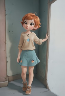 1girl,solo,looking at viewer,blush,smile,short hair,skirt,brown hair,shirt,brown eyes,standing,full body,ahoge,shoes,socks,artist name,orange hair,lips,blue skirt,shadow,brown footwear,white socks,child,door,female child,open mouth,sneakers,freckles,brown shirt,badge,button badge