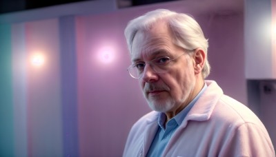 HQ,solo,looking at viewer,blue eyes,shirt,1boy,closed mouth,upper body,white hair,male focus,glasses,collared shirt,indoors,blurry,lips,blurry background,facial hair,blue shirt,beard,realistic,nose,round eyewear,door,labcoat,old,old man,doctor,wrinkled skin,green eyes,grey hair,signature,dress shirt,depth of field,wing collar,portrait,light