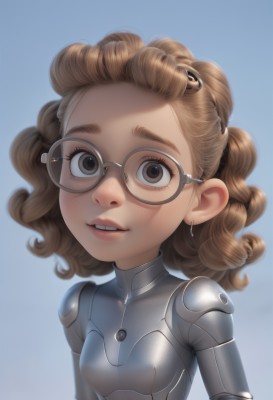 1girl,solo,breasts,looking at viewer,smile,short hair,simple background,brown hair,brown eyes,jewelry,upper body,earrings,small breasts,parted lips,glasses,teeth,medium hair,lips,bodysuit,blue background,forehead,freckles,science fiction,curly hair,round eyewear,cyborg,long hair,nose