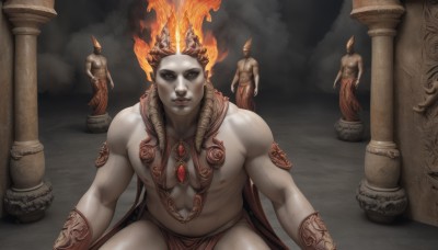 solo,looking at viewer,blue eyes,1boy,navel,jewelry,nipples,male focus,spread legs,muscular,colored skin,abs,fire,crown,pectorals,muscular male,gem,pale skin,bara,realistic,candle,bracer,bare pectorals,grey skin,loincloth,pillar,statue,column,smile,short hair,closed mouth,thighs,red hair,multiple boys,thick thighs,large pectorals