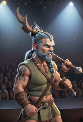 long hair,blue eyes,1boy,navel,holding,jewelry,blue hair,ponytail,weapon,braid,male focus,multiple boys,horns,solo focus,pointy ears,midriff,belt,holding weapon,tattoo,muscular,glowing,facial hair,abs,muscular male,bara,glowing eyes,beard,mature male,mustache,bracer,arm tattoo,axe,weapon over shoulder,crowd,holding axe,orc,solo,shirt,standing,collarbone,cowboy shot,teeth,sleeveless,artist name,stomach,vest,crop top,blurry background,pectorals,wristband,nose,hair tie,green shirt,antlers,over shoulder,chest hair,arm hair,spotlight,wrestling ring