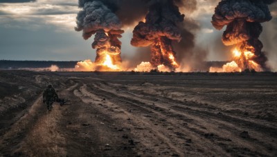 1boy,standing,outdoors,multiple boys,sky,cloud,military,cloudy sky,fire,scenery,smoke,science fiction,monster,mountain,realistic,giant,multiple others,desert,weapon,day,no humans,sand,burning