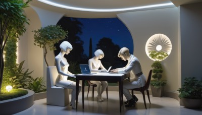 1girl,smile,short hair,brown hair,gloves,1boy,sitting,white hair,multiple boys,sky,glasses,indoors,2boys,uniform,tree,book,bodysuit,night,chair,table,bob cut,plant,star (sky),night sky,starry sky,science fiction,reading,potted plant,computer,laptop,instrument,reflection,music,android,piano