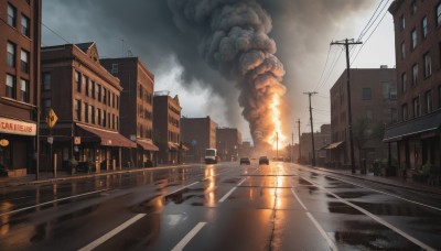 outdoors,sky,day,cloud,tree,no humans,cloudy sky,fire,ground vehicle,building,scenery,motor vehicle,smoke,reflection,city,sign,car,road,cityscape,explosion,power lines,lamppost,street,skyscraper,utility pole,road sign,traffic light,crosswalk,vanishing point