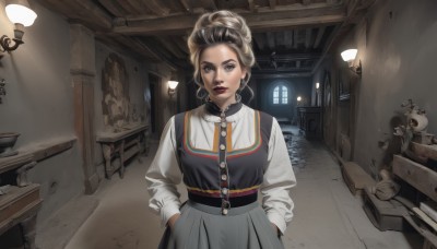 1girl,solo,looking at viewer,short hair,skirt,brown hair,shirt,black hair,long sleeves,dress,brown eyes,jewelry,standing,white shirt,multicolored hair,earrings,parted lips,belt,indoors,lips,window,makeup,chair,table,lipstick,grey skirt,hands in pockets,door,red lips,lamp,hair bun,grey eyes,single hair bun,realistic,kitchen,cabinet