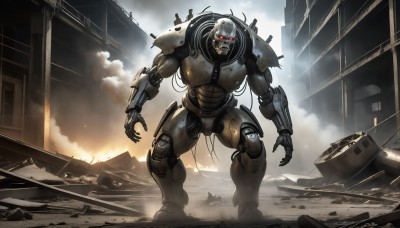 HQ,solo,red eyes,1boy,standing,outdoors,sky,cloud,armor,military,no humans,glowing,fire,robot,ground vehicle,building,mecha,glowing eyes,motor vehicle,smoke,science fiction,city,realistic,military vehicle,cable,ruins,damaged,debris,dust,destruction,rubble,looking at viewer,weapon,male focus,explosion,tank