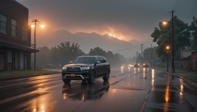 outdoors,sky,cloud,water,tree,no humans,night,grass,ground vehicle,building,scenery,motor vehicle,reflection,rain,sunset,mountain,car,road,house,vehicle focus,power lines,lamppost,street,utility pole,evening,puddle,window,cloudy sky,twilight,mountainous horizon