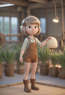 1girl,solo,looking at viewer,smile,short hair,brown hair,shirt,hair ornament,holding,brown eyes,standing,full body,white shirt,boots,shorts,hairclip,collared shirt,indoors,blurry,window,depth of field,blurry background,brown footwear,plant,child,sleeves rolled up,female child,potted plant,lamp,overalls,blonde hair,short sleeves,artist name,freckles,brown shorts