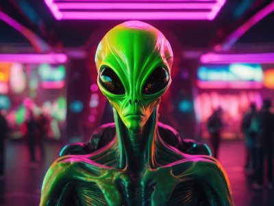 solo,looking at viewer,1boy,collarbone,upper body,male focus,indoors,blurry,depth of field,blurry background,portrait,1other,science fiction,monster,realistic,alien,cyberpunk,neon lights,blue eyes,no humans,bodysuit,mask,colored skin,green skin