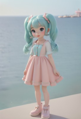 hatsune miku,1girl,solo,long hair,looking at viewer,blush,smile,blue eyes,skirt,shirt,hair ornament,dress,twintails,jewelry,blue hair,standing,full body,white shirt,short sleeves,earrings,outdoors,sky,shoes,day,water,necklace,nail polish,blurry,lips,aqua hair,blurry background,ocean,scrunchie,white footwear,child,pink skirt,arms at sides,pink footwear,female child,bangs,closed mouth,aqua eyes