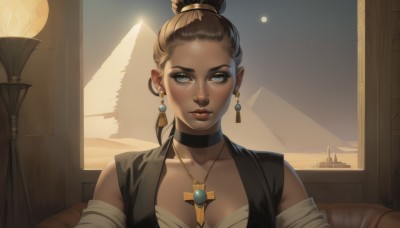 1girl,solo,breasts,looking at viewer,short hair,blue eyes,brown hair,cleavage,bare shoulders,jewelry,medium breasts,collarbone,upper body,earrings,sky,choker,pointy ears,indoors,dark skin,necklace,hair bun,vest,dark-skinned female,lips,window,night,black choker,bandages,moon,single hair bun,star (sky),forehead,full moon,pendant,sarashi,realistic,nose,blonde hair,sitting,closed mouth,detached sleeves,artist name,piercing,thick eyebrows,portrait,couch,backlighting,freckles