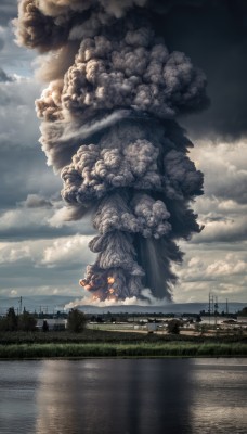 outdoors,sky,day,cloud,water,tree,blue sky,no humans,cloudy sky,grass,building,scenery,smoke,reflection,monster,road,bridge,river,fire