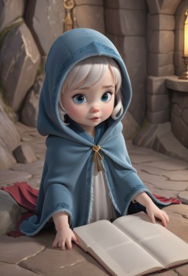 1girl,solo,looking at viewer,short hair,bangs,blue eyes,upper body,white hair,parted lips,indoors,hood,lips,book,aged down,child,cloak,hood up,open book,female child,hooded cloak,stone floor,blonde hair,dress,wide sleeves,watermark,nose