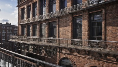 outdoors,sky,day,cloud,blue sky,no humans,window,sunlight,cloudy sky,building,scenery,stairs,city,railing,architecture,bridge,fence,door,house,balcony