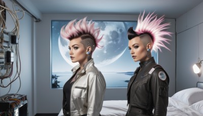 breasts,looking at viewer,short hair,multiple girls,black hair,2girls,jewelry,jacket,upper body,pink hair,multicolored hair,earrings,open clothes,sky,indoors,uniform,from side,two-tone hair,open jacket,lips,pillow,window,bed,tattoo,makeup,night,moon,spiked hair,star (sky),full moon,dual persona,science fiction,realistic,nose,labcoat,cable,space,leather,undercut,planet,cyborg,leather jacket,earth (planet),mohawk,cyberpunk,1girl,necklace,piercing,asymmetrical hair,very short hair,earphones