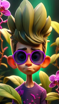 solo,looking at viewer,short hair,blonde hair,brown hair,shirt,1boy,closed mouth,upper body,flower,short sleeves,male focus,glasses,artist name,blurry,leaf,watermark,sunglasses,plant,t-shirt,child,green background,purple shirt,male child,print shirt,tinted eyewear,blue eyes,frown,thick eyebrows,spiked hair,web address,vines