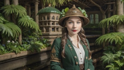 1girl,solo,long hair,looking at viewer,smile,blue eyes,brown hair,shirt,long sleeves,hat,closed mouth,jacket,white shirt,upper body,braid,flower,outdoors,open clothes,day,collared shirt,twin braids,open jacket,tree,lips,window,makeup,buttons,leaf,plant,lipstick,building,armband,hair over shoulder,green jacket,brown headwear,red lips,arch,parted lips,belt,vest,scenery,realistic,architecture