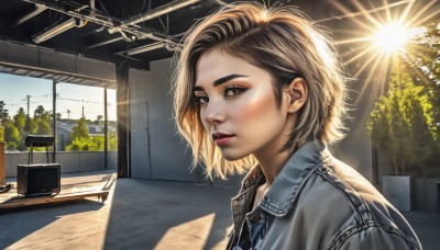 1girl,solo,looking at viewer,short hair,blonde hair,brown hair,shirt,brown eyes,jewelry,jacket,upper body,earrings,outdoors,parted lips,teeth,day,tree,lips,makeup,sunlight,denim,lipstick,realistic,nose,red lips,stud earrings,denim jacket,sky,signature,from side,eyelashes,thick eyebrows,plant,blue jacket,light rays,light,mascara