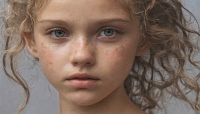 1girl,solo,long hair,looking at viewer,blue eyes,blonde hair,simple background,brown hair,closed mouth,parted lips,lips,grey eyes,eyelashes,wavy hair,messy hair,portrait,close-up,freckles,curly hair,realistic,nose,green eyes