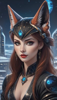 1girl,solo,long hair,breasts,looking at viewer,smile,brown hair,animal ears,cleavage,brown eyes,jewelry,medium breasts,closed mouth,upper body,earrings,outdoors,parted lips,sky,artist name,signature,necklace,mole,lips,animal ear fluff,fox ears,eyelashes,mole under eye,makeup,night,feathers,lipstick,gem,star (sky),night sky,eyeshadow,starry sky,freckles,nose,red lips,hair ornament,portrait,realistic