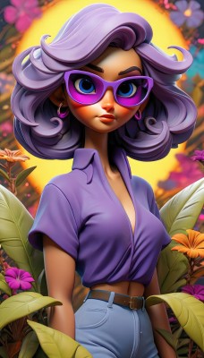 1girl,solo,breasts,looking at viewer,short hair,blue eyes,shirt,navel,jewelry,closed mouth,standing,purple hair,flower,short sleeves,cowboy shot,earrings,small breasts,outdoors,midriff,collared shirt,belt,pants,artist name,dark skin,medium hair,dark-skinned female,lips,makeup,leaf,sunglasses,thick eyebrows,plant,denim,lipstick,buckle,backlighting,curly hair,jeans,hoop earrings,belt buckle,purple flower,arms at sides,purple shirt,blue pants,brown belt,tinted eyewear,high-waist pants,medium breasts,glasses,blurry,pink flower,purple-tinted eyewear