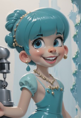 1girl,solo,breasts,looking at viewer,blush,smile,short hair,open mouth,bangs,blue eyes,hair ornament,dress,jewelry,blue hair,upper body,short sleeves,earrings,small breasts,teeth,puffy sleeves,shiny,water,necklace,hair bun,grin,shiny hair,flat chest,aqua eyes,puffy short sleeves,lips,eyelashes,aqua hair,makeup,blue dress,single hair bun,thick eyebrows,child,freckles,red lips,female child,waterfall,aqua dress,see-through,pearl necklace