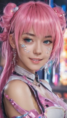 1girl,solo,long hair,breasts,looking at viewer,smile,bangs,blue eyes,hair ornament,bare shoulders,jewelry,medium breasts,upper body,pink hair,earrings,parted lips,teeth,hair bun,grin,blurry,lips,see-through,eyelashes,double bun,makeup,blurry background,realistic,nose,cleavage,portrait