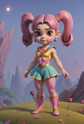 1girl,solo,long hair,looking at viewer,skirt,hair ornament,bare shoulders,twintails,jewelry,standing,full body,pink hair,flower,pantyhose,pleated skirt,earrings,boots,outdoors,sky,pink eyes,flat chest,bracelet,lips,petals,makeup,night,moon,aged down,red flower,child,pink flower,pink footwear,female child,pink skin,armor,blue skirt,rose