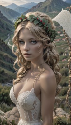 1girl,solo,long hair,breasts,looking at viewer,blue eyes,blonde hair,hair ornament,dress,cleavage,bare shoulders,medium breasts,closed mouth,upper body,outdoors,wings,sky,day,white dress,blurry,lips,grey eyes,strapless,depth of field,blurry background,wavy hair,feathered wings,freckles,curly hair,angel wings,mountain,realistic,nose,head wreath,wreath,smile,collarbone,white wings,angel