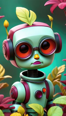 solo,looking at viewer,open mouth,red eyes,1boy,upper body,flower,male focus,parted lips,no humans,bird,headphones,leaf,plant,robot,goggles,green background,beak,humanoid robot,glasses,teeth