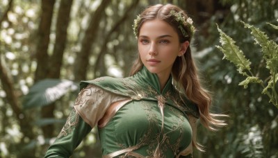 1girl,solo,long hair,breasts,looking at viewer,blue eyes,blonde hair,brown hair,hair ornament,dress,medium breasts,closed mouth,upper body,flower,outdoors,pointy ears,armor,blurry,tree,lips,depth of field,blurry background,bird,leaf,plant,elf,nature,forest,freckles,green dress,realistic,nose,head wreath,smile,sunlight,feathers,fantasy