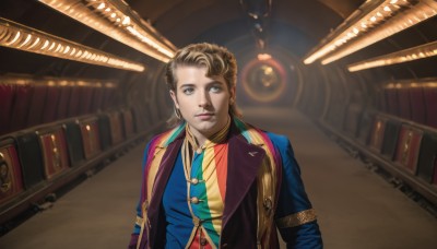 solo,looking at viewer,short hair,bangs,blue eyes,blonde hair,brown hair,shirt,long sleeves,1boy,jewelry,closed mouth,jacket,upper body,male focus,earrings,necktie,indoors,vest,lips,book,facial hair,stairs,realistic,bookshelf,library,formal,curly hair