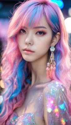 1girl,solo,long hair,breasts,looking at viewer,bangs,dress,brown eyes,jewelry,closed mouth,blue hair,upper body,pink hair,multicolored hair,earrings,artist name,blurry,black eyes,two-tone hair,lips,see-through,eyelashes,makeup,depth of field,blurry background,eyeshadow,realistic,nose,eyeliner,mascara,streaked hair,watermark,wavy hair,gem,bokeh,pearl (gemstone)