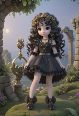 1girl,solo,long hair,looking at viewer,smile,skirt,black hair,dress,bare shoulders,jewelry,standing,full body,flower,boots,outdoors,detached sleeves,sky,shoes,choker,water,necklace,black eyes,black dress,lips,grey eyes,wavy hair,moon,grass,tiara,crown,plant,pendant,curly hair,skirt hold,sun,frills,black footwear,child,lolita fashion,gothic lolita,key,arch