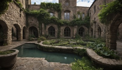 outdoors,sky,day,cloud,water,tree,blue sky,no humans,window,grass,plant,building,scenery,door,ruins,house,pillar,arch,moss,overgrown,cloudy sky,fantasy,bridge,river