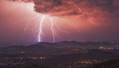 1girl,solo,outdoors,sky,cloud,no humans,cloudy sky,building,scenery,mountain,city,electricity,cityscape,lightning,landscape,city lights,red sky,night,ocean,grass,horizon,dark,hill