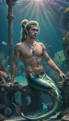 solo,long hair,blue eyes,1boy,navel,jewelry,sitting,nipples,full body,ponytail,male focus,green hair,teeth,artist name,water,necklace,muscular,facial hair,watermark,scar,abs,sunlight,pectorals,muscular male,beard,fish,bubble,toned,topless male,light rays,rock,underwater,realistic,scales,air bubble,monster boy,coral,blonde hair,collarbone,tail,lips,looking up,monster girl,gem,web address,mermaid,toned male,shell,pillar,fins