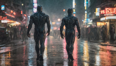 male focus, outdoors, multiple boys, 2boys, from behind, blurry, bodysuit, muscular, night, crossover, reflection, walking, science fiction, rain, city, realistic, road, street, cyberpunk, neon lights