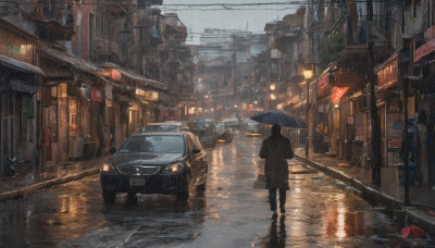 1girl, solo, holding, outdoors, sky, from behind, dutch angle, umbrella, ground vehicle, building, scenery, motor vehicle, reflection, rain, holding umbrella, city, sign, car, road, power lines, lamppost, street, puddle, vanishing point