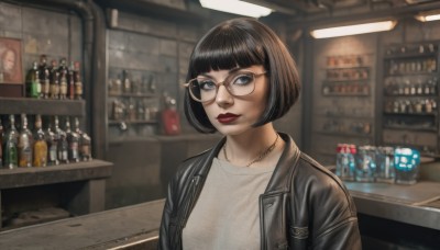 1girl,solo,looking at viewer,short hair,bangs,blue eyes,shirt,black hair,jewelry,closed mouth,jacket,white shirt,upper body,open clothes,glasses,indoors,blunt bangs,necklace,mole,blurry,open jacket,lips,black jacket,makeup,bob cut,bottle,lipstick,alcohol,realistic,round eyewear,red lips,leather,shelf,leather jacket,bar (place),counter,cup,blurry background