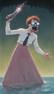 1girl,solo,breasts,short hair,open mouth,skirt,brown hair,shirt,long sleeves,holding,standing,white shirt,weapon,red hair,necktie,glasses,teeth,tongue,collared shirt,tongue out,water,holding weapon,orange hair,wet,gun,saliva,blood,trembling,sharp teeth,genderswap,holding gun,black necktie,genderswap (mtf),handgun,wading,pink skirt,freckles,high-waist skirt,long skirt,round eyewear,opaque glasses,ocean,scared