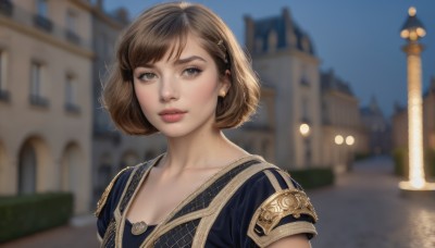 1girl,solo,breasts,looking at viewer,short hair,bangs,brown hair,hair ornament,dress,cleavage,brown eyes,jewelry,closed mouth,collarbone,upper body,short sleeves,earrings,outdoors,sky,day,artist name,mole,blurry,lips,looking to the side,depth of field,blurry background,blue shirt,building,freckles,city,realistic,nose,town,parted lips,hairclip,blue sky,eyelashes,mole on neck