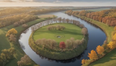 outdoors,sky,day,cloud,water,tree,no humans,grass,nature,scenery,forest,reflection,mountain,road,autumn leaves,river,autumn,landscape,lake,cloudy sky,horizon,bush,field