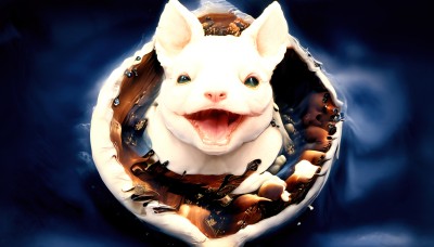 HQ,solo,looking at viewer,open mouth,green eyes,food,tongue,water,no humans,animal,fangs,from above,cat,reflection,bowl,realistic,animal focus,food focus,tongue out,fantasy,white cat,oversized animal