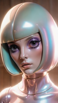 1girl,solo,looking at viewer,short hair,bangs,jewelry,blue hair,collarbone,multicolored hair,parted lips,choker,shiny,blunt bangs,lips,eyelashes,makeup,bob cut,portrait,eyeshadow,mascara,purple eyes,upper body,white hair,lipstick,science fiction,realistic,nose,android,eyeliner,alien