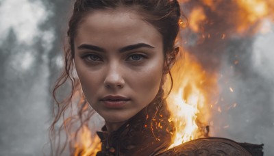 1girl,solo,long hair,looking at viewer,brown hair,black hair,closed mouth,armor,blurry,black eyes,lips,grey eyes,blurry background,fire,portrait,forehead,freckles,realistic,nose,burning,outdoors,eyelashes,close-up,smoke