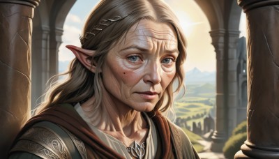 1girl,solo,long hair,looking at viewer,blue eyes,blonde hair,1boy,jewelry,upper body,braid,outdoors,sky,day,pointy ears,signature,mole,lips,grey eyes,mole under eye,scar,sunlight,elf,portrait,mountain,realistic,fantasy,sun,pillar,brown hair,nose