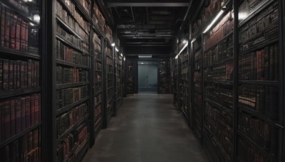 indoors,book,no humans,window,scenery,bookshelf,tiles,light,tile floor,library,ceiling,hallway,ladder,ceiling light,vanishing point,voile,solo