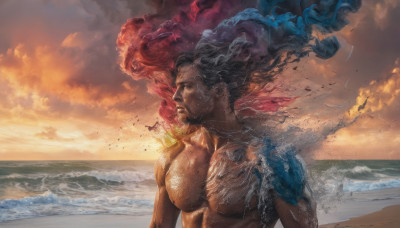 solo, long hair, black hair, 1boy, upper body, male focus, outdoors, sky, cloud, water, muscular, facial hair, ocean, beach, pectorals, beard, sunset, realistic, sand, waves, dissolving